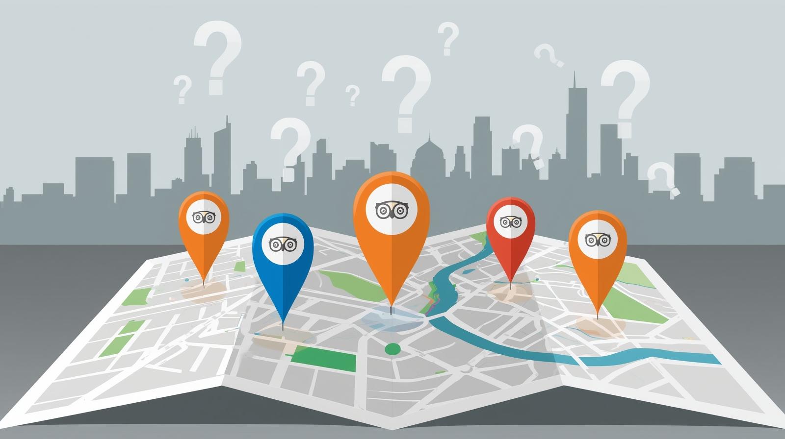 Stylized city map with TripAdvisor pin markers and question marks floating above them