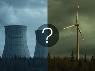 Split image comparing nuclear cooling towers on left in blue tones with wind turbines and solar panels on right in green tones, with a question mark overlay in the center