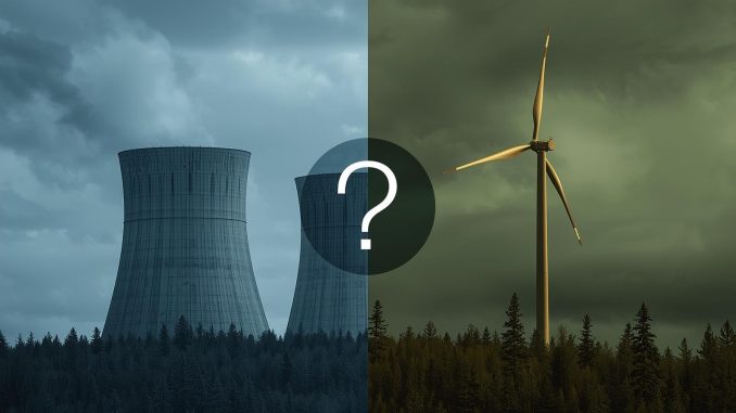 Split image comparing nuclear cooling towers on left in blue tones with wind turbines and solar panels on right in green tones, with a question mark overlay in the center