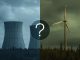 Split image comparing nuclear cooling towers on left in blue tones with wind turbines and solar panels on right in green tones, with a question mark overlay in the center