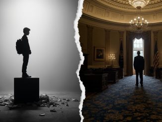 Split-screen image: left shows student silhouette at podium with trash on ground, right shows man in suit at government desk. Broken mirror effect connects both sides, symbolizing Stephen Miller's transformation.