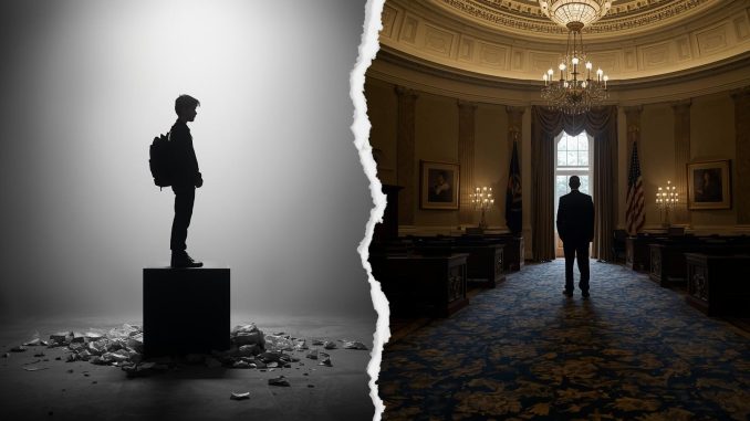 Split-screen image: left shows student silhouette at podium with trash on ground, right shows man in suit at government desk. Broken mirror effect connects both sides, symbolizing Stephen Miller's transformation.