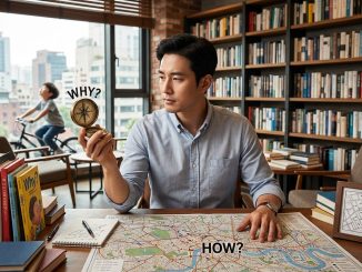 나침반(Why)과 지도(How), 서재에서 방향에 대해 고민하는 남성