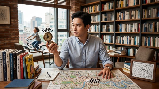 나침반(Why)과 지도(How), 서재에서 방향에 대해 고민하는 남성